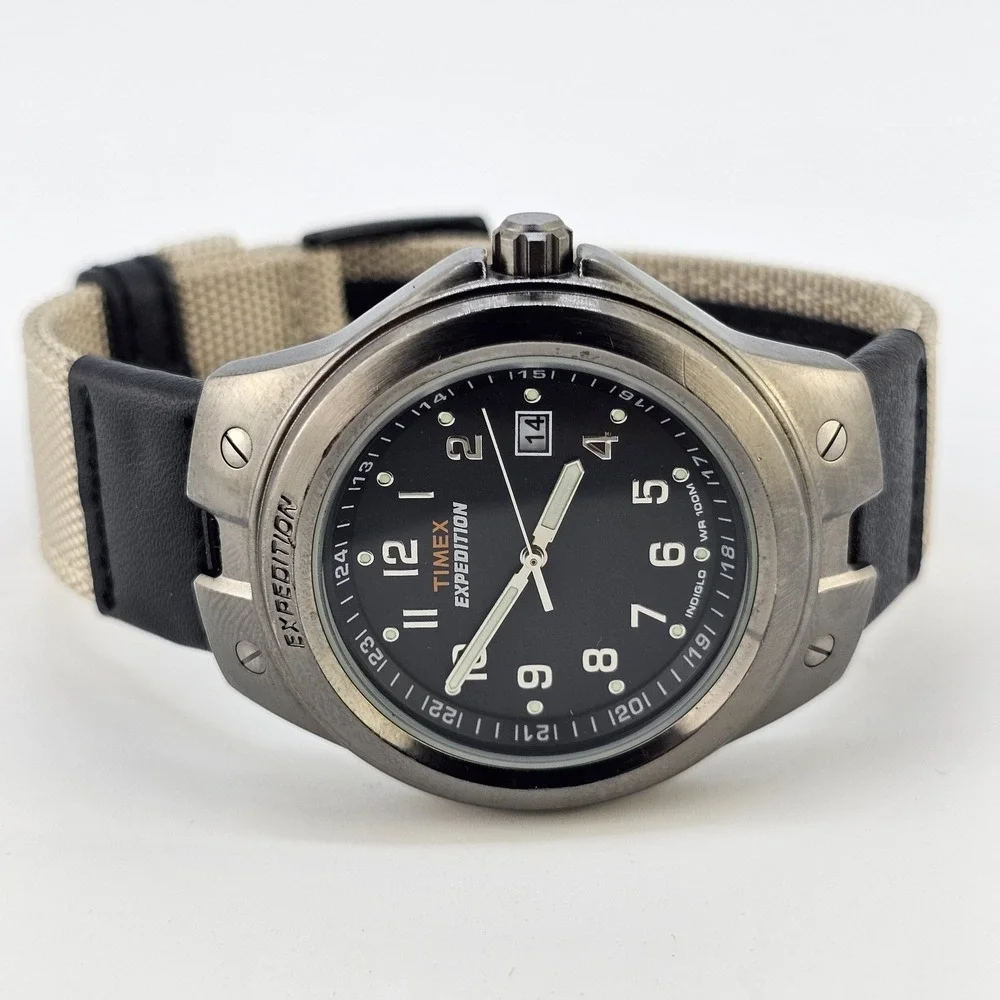 TIMEX Expedition 40MM Men Watch Black Dial Date NEW Tan Canvas Bands NEW Battery